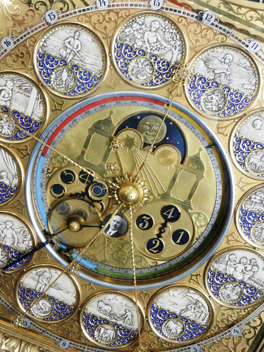 gold-colored anallog clock, clock, monument, clock shield, time, architecture, tourism, czech republic, tips, monuments