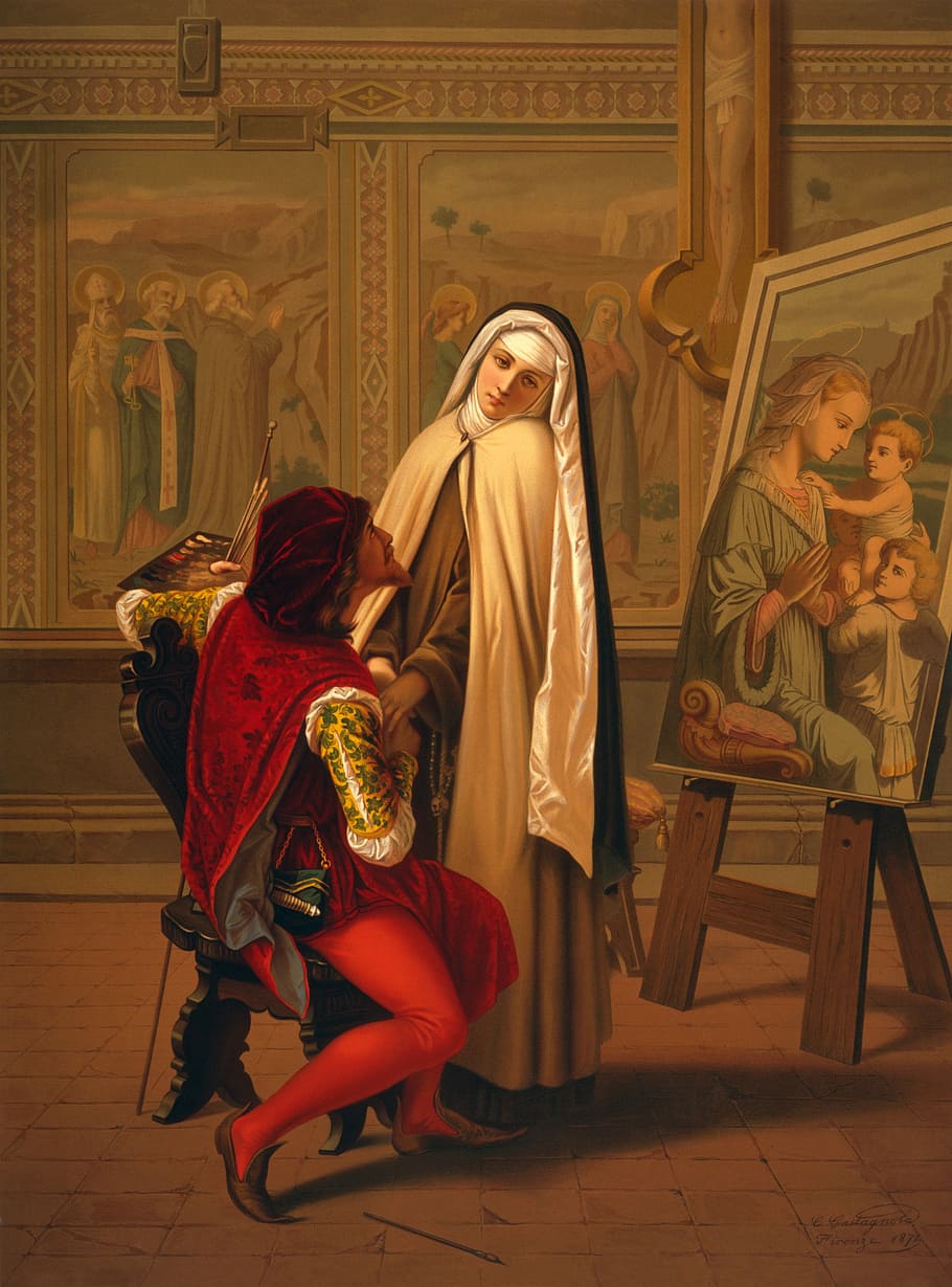 emulsão, obra de arte, pintura, freira, amor ou dever, 1873, gabriele castagnola, comprimento total, dentro de casa, mulheres