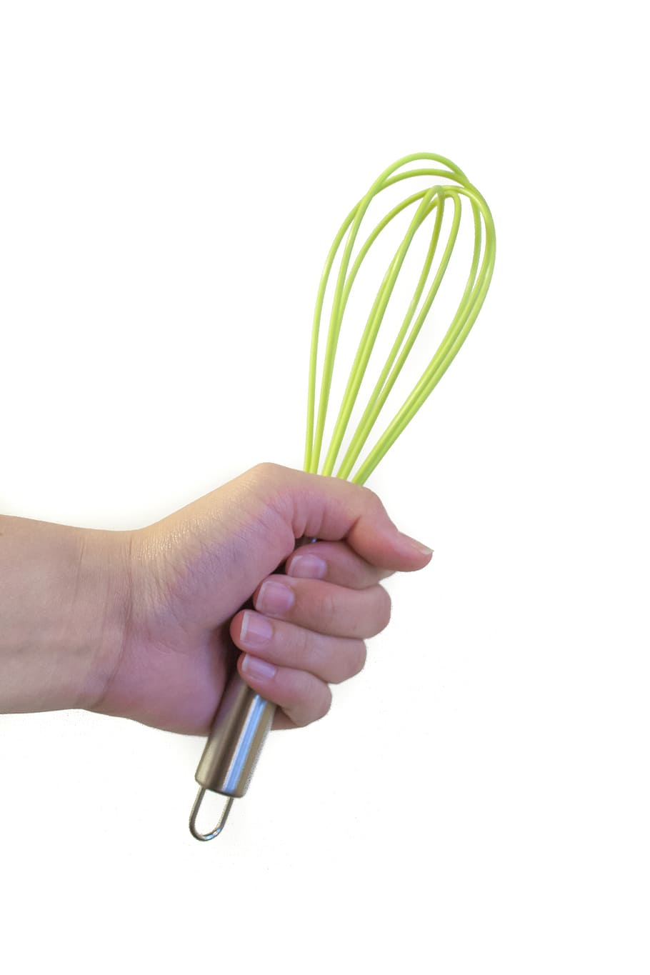 green egg beater, hand, kitchen equipment, whisk, cooking, cook, bake, cut-out, on a white background, kitchen utensil
