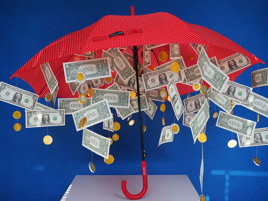 red, umbrella, hanged, us, dollar banknotes, gift, money rain, dollar rain, gift ideas, coins