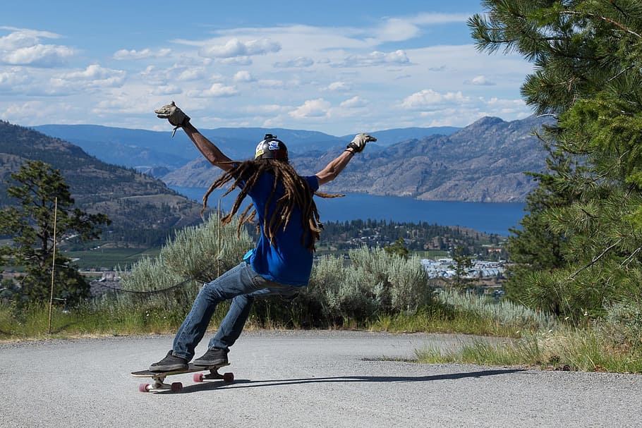 orang, naik, menurun, Skateboard, Longboard, Skater, satu orang, hari, di luar ruangan, gunung
