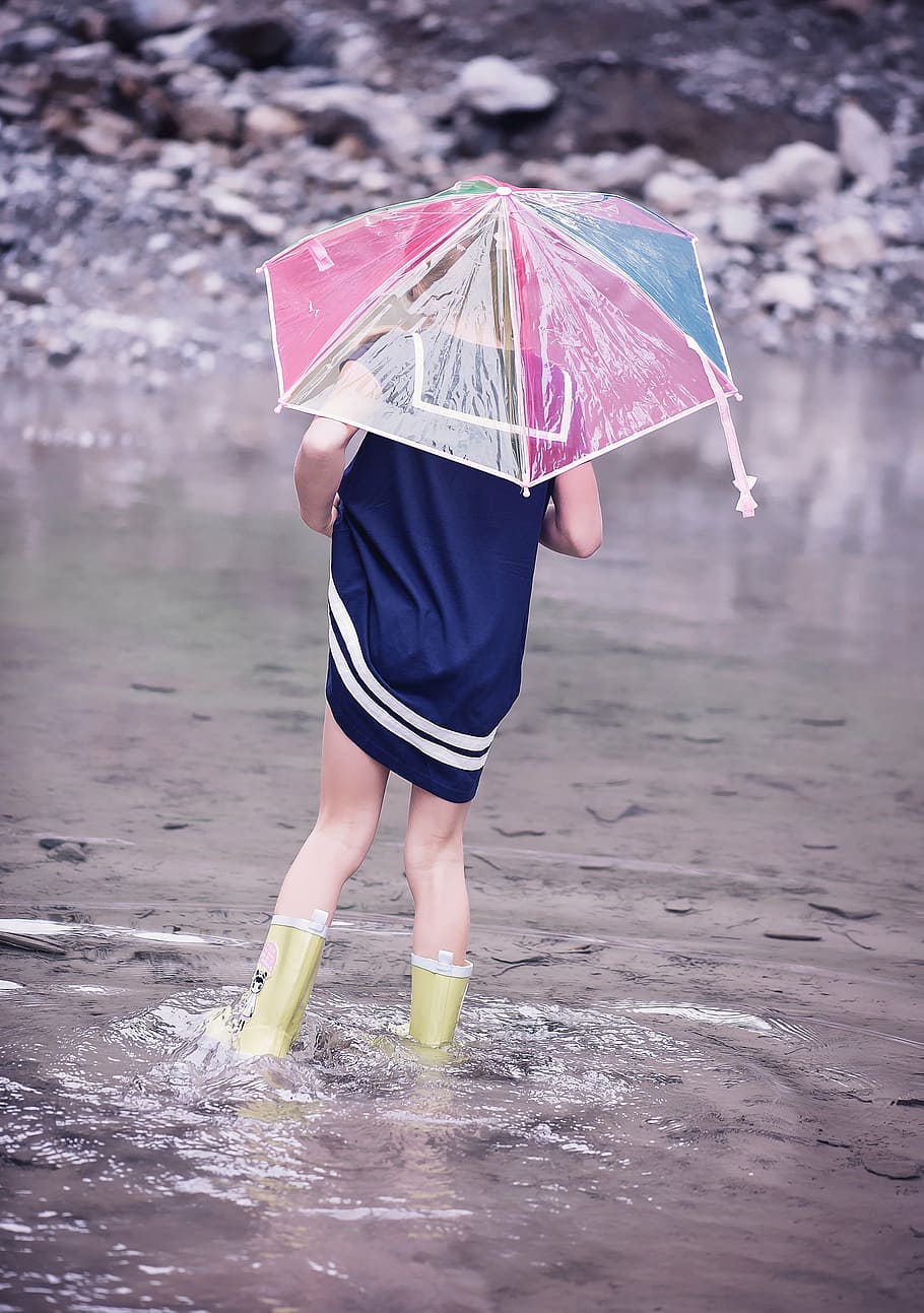person, human, child, girl, water, wet, splashing, rubber boots, screen, nature
