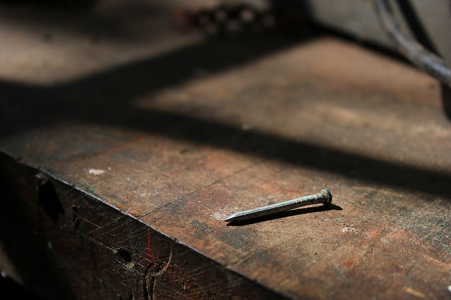 nail, weathered, repairs, workbench, carpentry, wood, woodwork, vintage, old, workshop