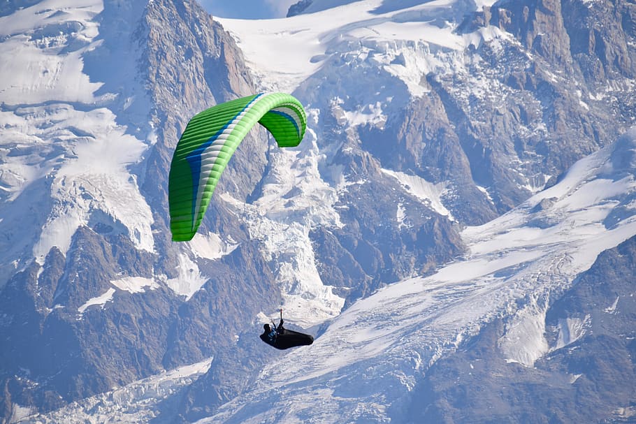 paragliding, paraglider, mountains, glacier, sailing, wing paragliding, rhône - alpes, mont blanc, aiguille du midi, haute savoie