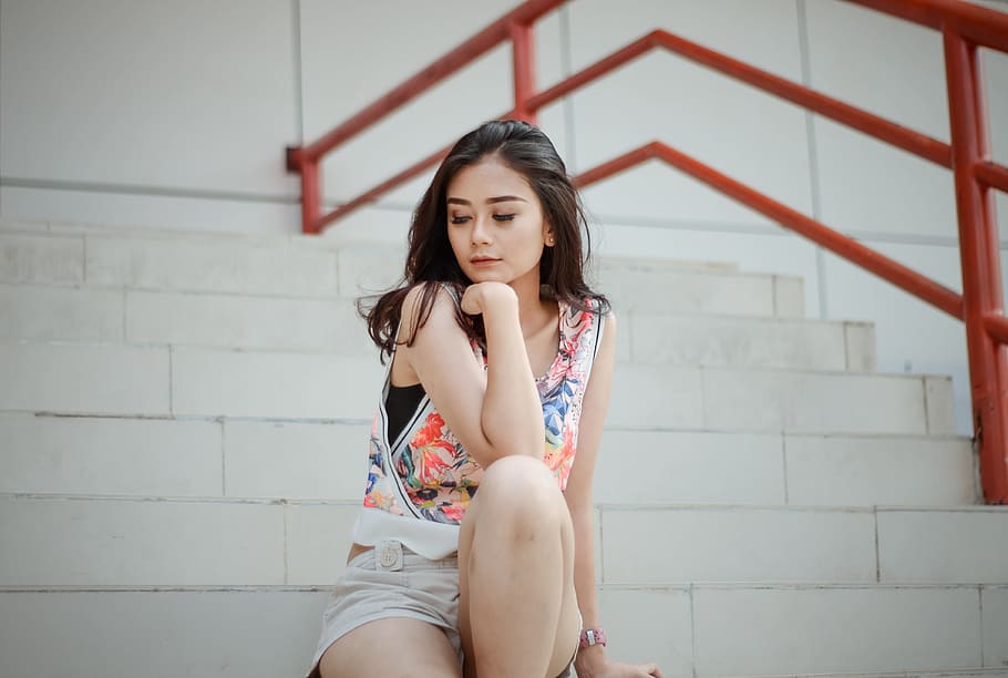woman, wearing, floral, tank, top, sitting, ladder, indonesian, asia, model