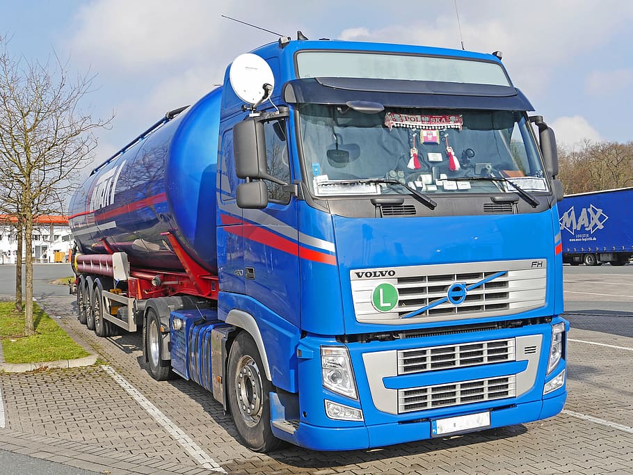 blue, tanker truck, parked, road side, tank truck, truck, tractor, raststätte, semi trailers, break