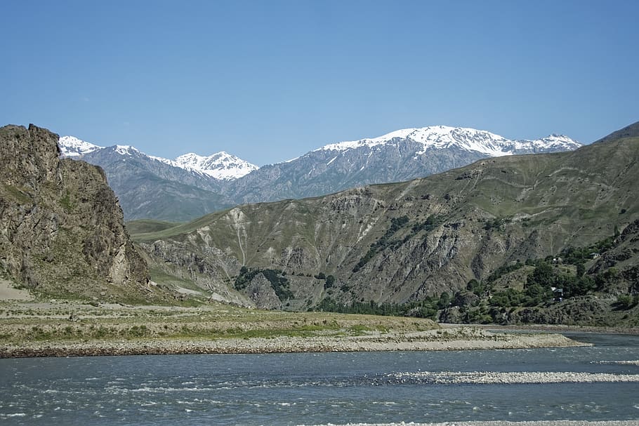tajikistan, provinsi pegunungan-badakhshan, pegunungan tinggi pamir, sungai pandsch, lembah pandsch, pemandangan, sungai, salju, daerah perbatasan, afghanistan