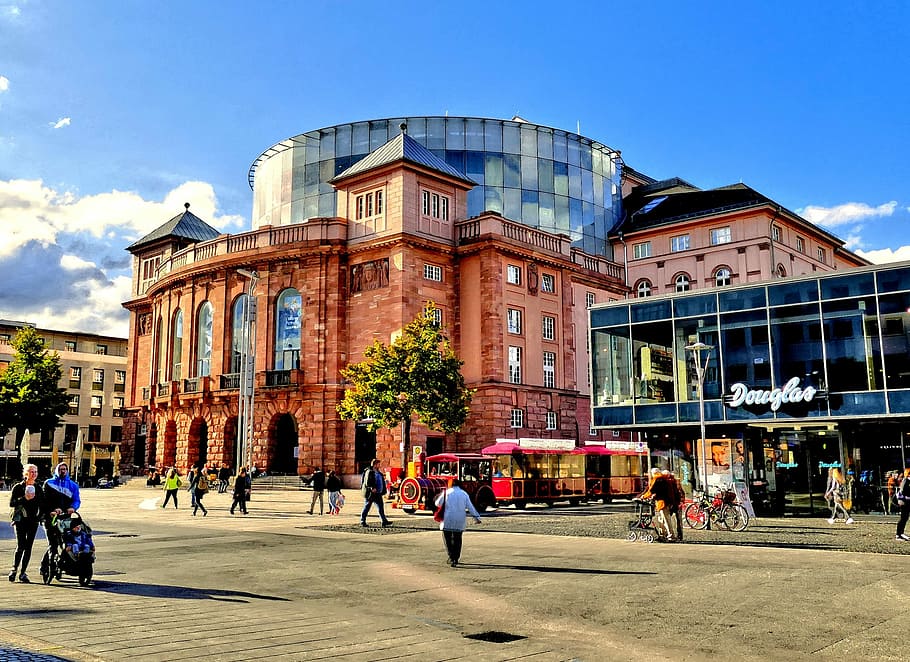Mainz, Opera, Downtown, Theater, mainz, opera, blue sky, staatstheater, architecture, people, building Exterior