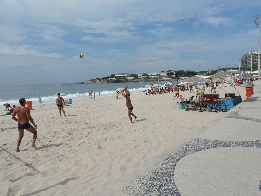 copacabana, rio de janeiro vacation, brazil, beach, land, sand, sea, water, sky, group of people