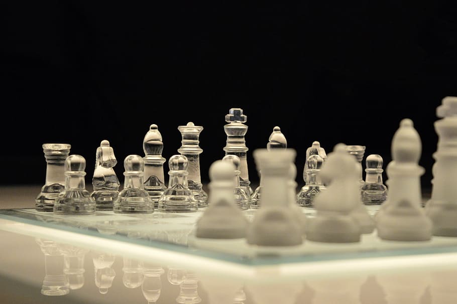 clear, glass chess board, piece, chess, game, chessboard, glass, board, planning, victory