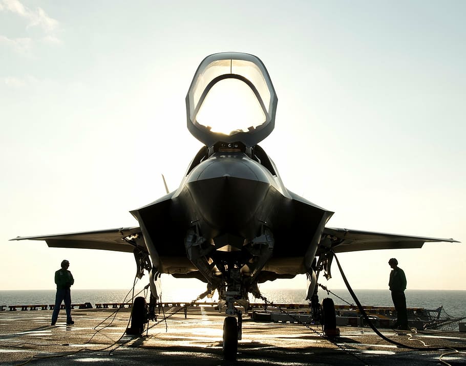 gray, plane, clear, blue, sky, golden, hour, military jet, secured, silhouettes