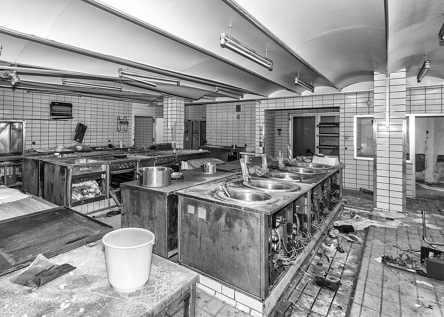 kitchen, large kitchen, scruffy, leave, indoors, food and drink establishment, commercial kitchen, architecture, domestic room, household equipment