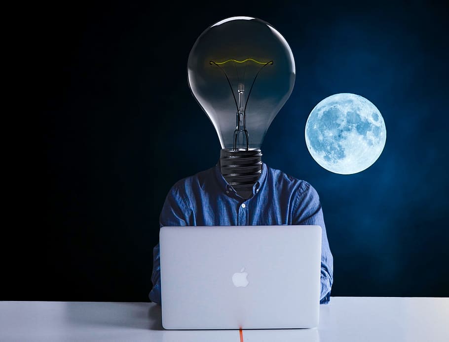 person light-bulb head, front, silver macbook, full, moon background, lamp, bulb, inspiration, invention, light