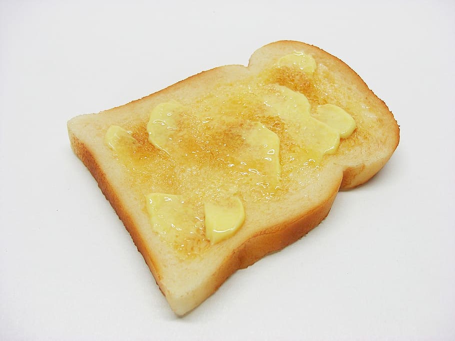 close-up photo, sliced, bread, butter, white, surface, buttered, toast, food, fake