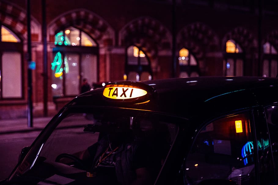 черный, ждет, бизнес, лондонское такси, городской, автомобиль, лондон, путешествие, ночь, такси