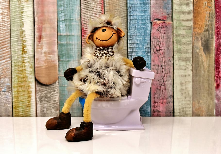 brown, animal, plush, toy, sitting, purple, flush, toiler, toilet, sheep