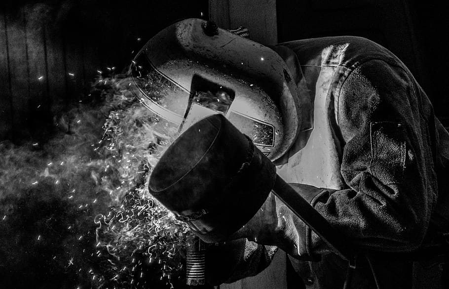 welder, black and white, portrait, industrial, male, people, sparks, working, welding, soldando