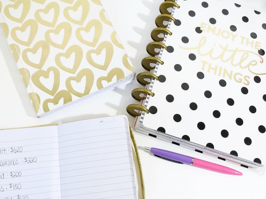 purple, pink, click pen, white, surface, hearts, planner, pen, notebook, cute