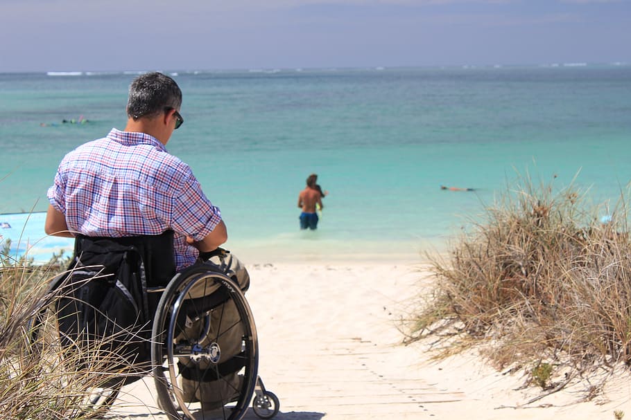 man, sitting, wheelchair, seasire, holiday, bea, disabled, summer, sea, beach
