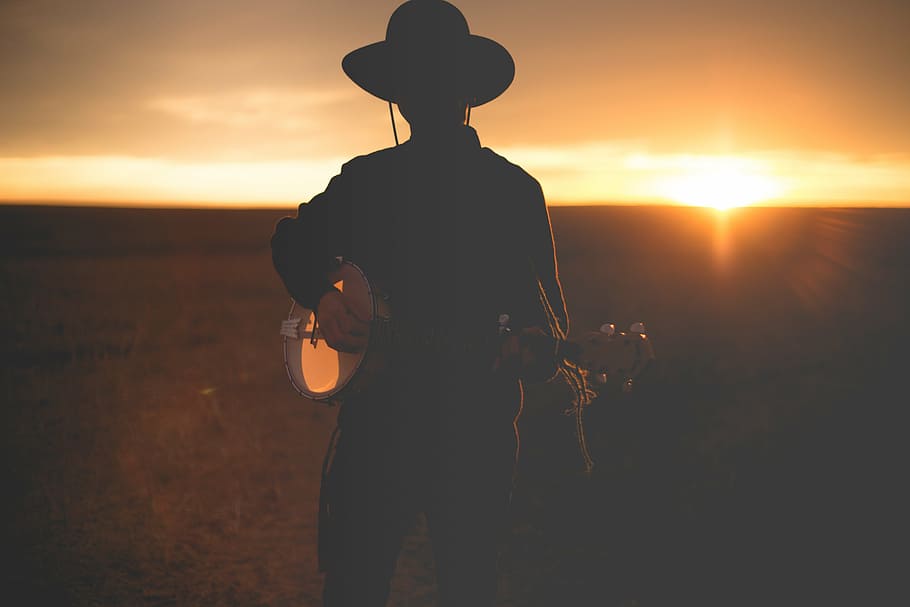 silhouette, person, playing, stringed, instrument, sunset, silhouettes, man, guitar, people