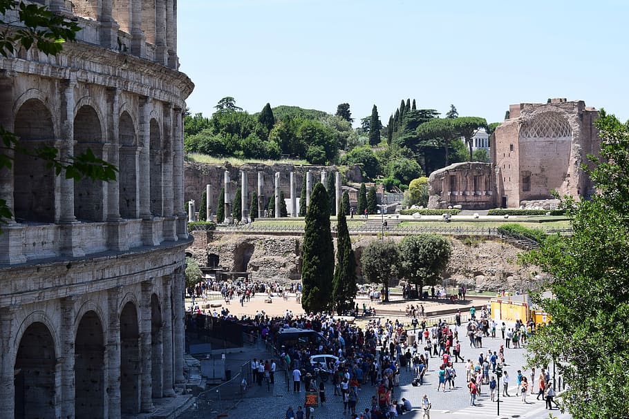 rome, the coliseum, ancient times, monument, the amphitheater, old building, rome city, architecture, built structure, group of people