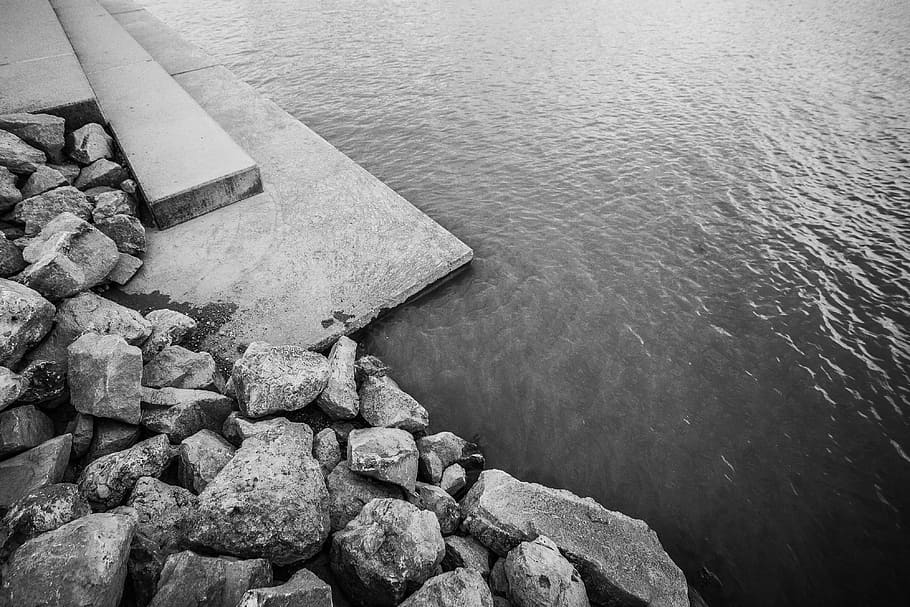 Lake Shore, rocas, lago, minimalista, orilla, agua, negro y negro, naturaleza, río, Nadie