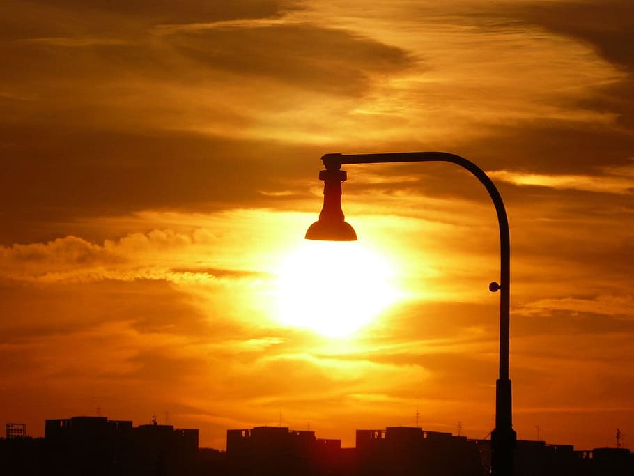 silhouette, post, golden, hour, lamp, light, sun, sunlight, city, sky