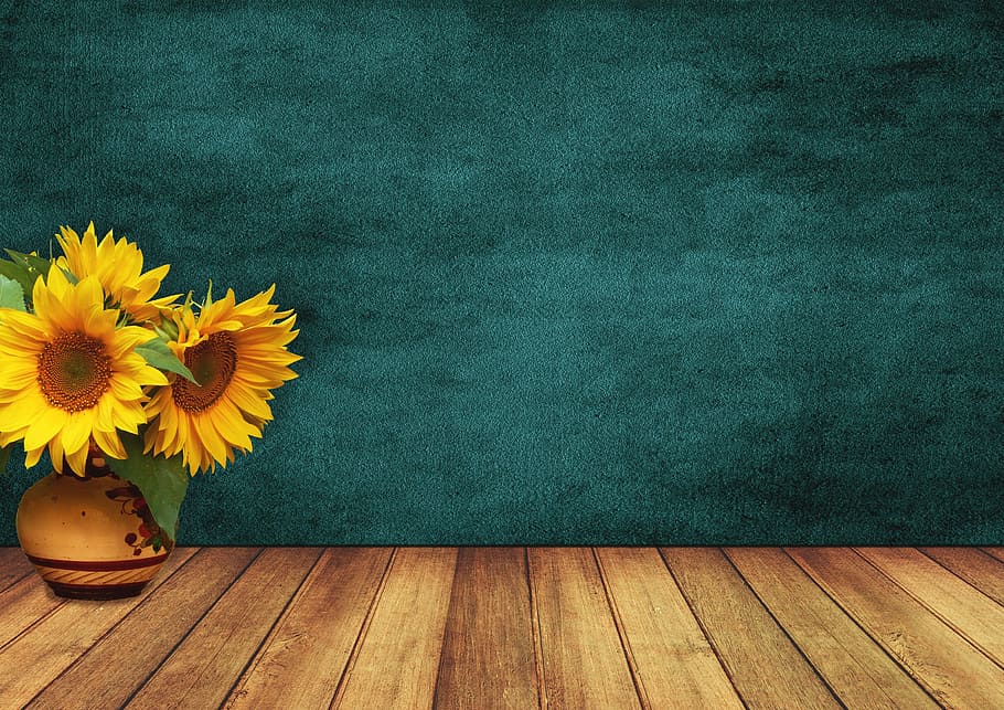 sunflowers, vase, green, wall, sunflower, space, wood, flowers, vintage, background