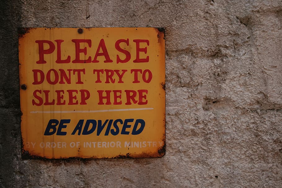 por favor, não tente, durma, tabuleta, concreto, parede, textura, sinalização, cautela, texto