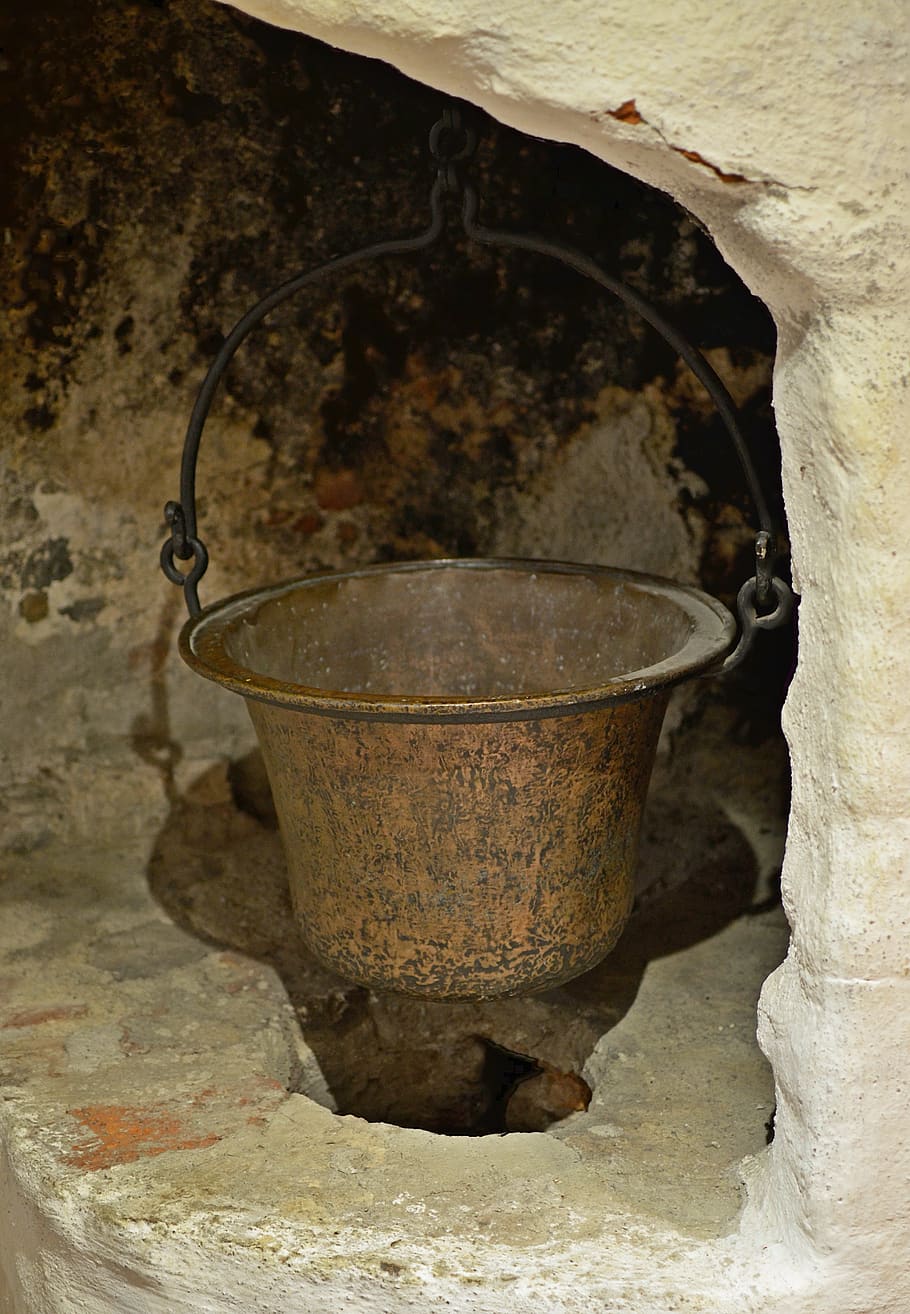 bowler, pot, hearth, old, history, cooking, the middle ages, metal, indoors, close-up