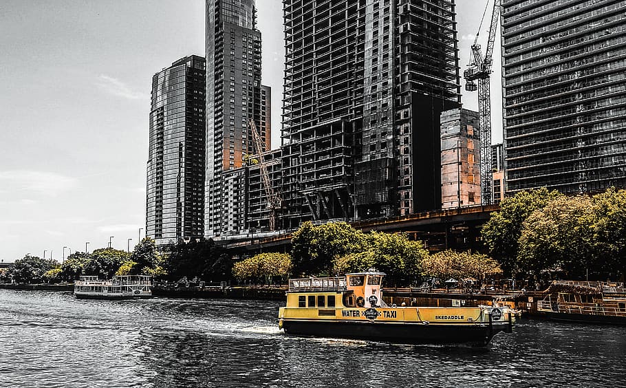 chicago, water taxi, river, boat, skedaddle, yellow, buildings, city, nautical vessel, transportation