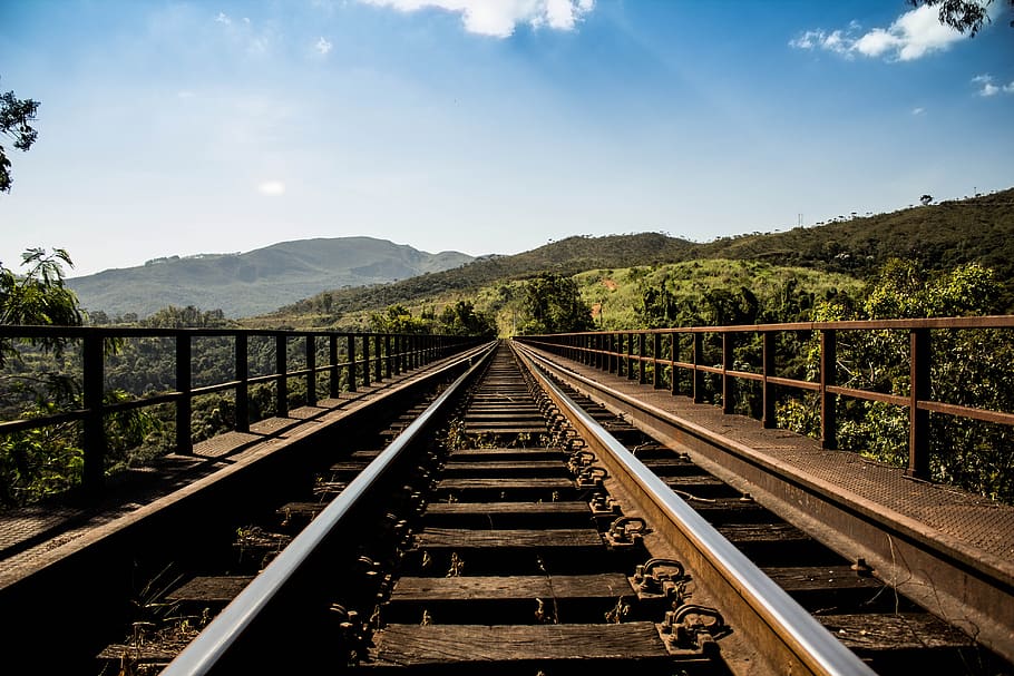 blue, sky, green, trees, hills, country, train tracks, railroad, wood, track