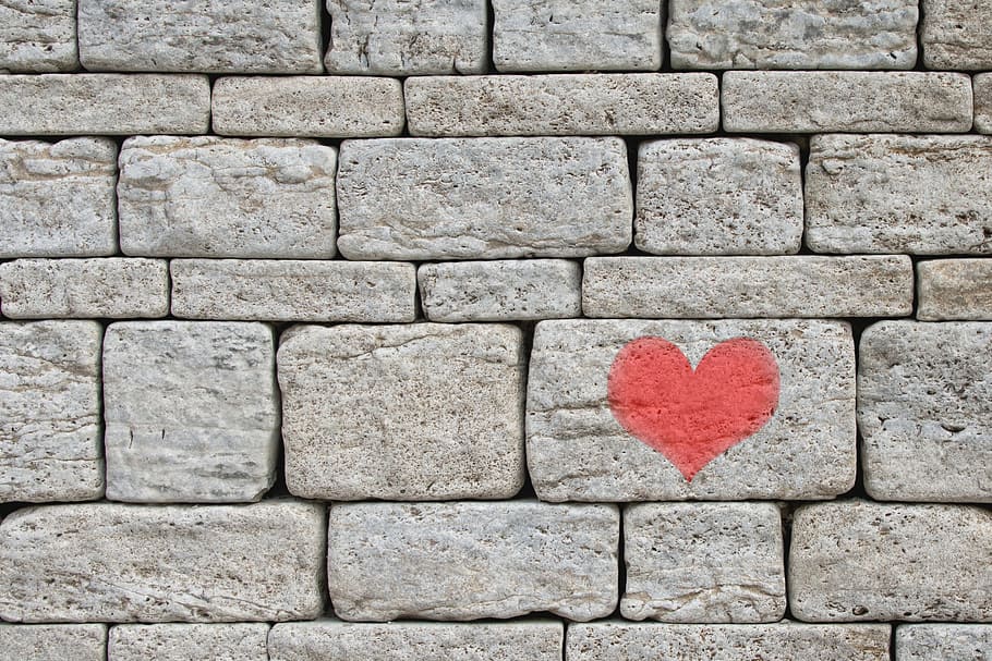 gray, bricks, red, heart print, stones, wall, heart, grey, background, painted