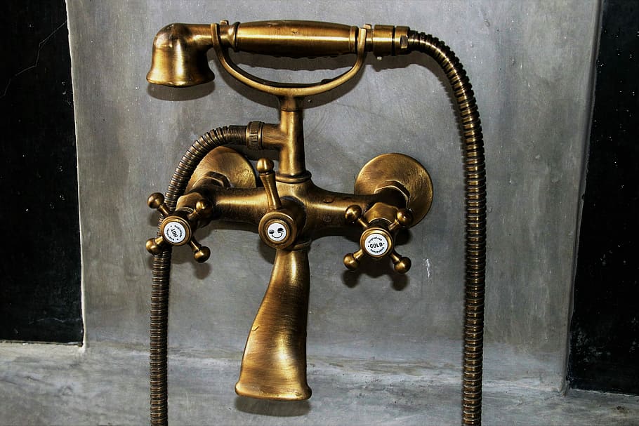 faucet, no one, old, brass, very old, metal, stylish, bathroom, gray, concrete wall