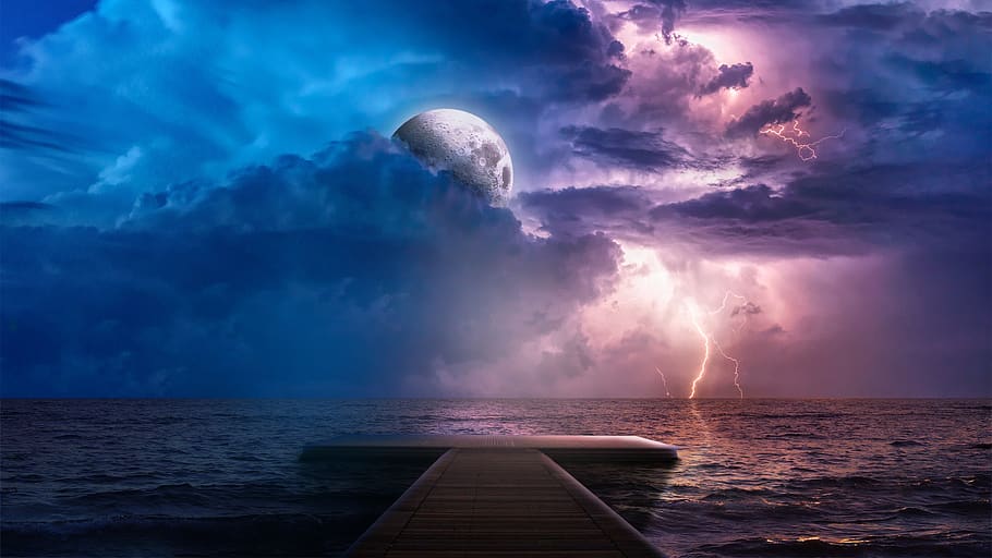 storm, moon, manipulation, landscape, night, fantasy, weather, dark, lightning, sky