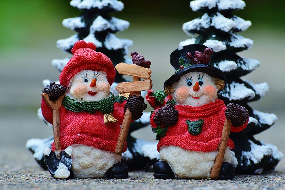 two, white, snowman figurines, winter, snow man, figure, snow, snowmen, wintry, deco