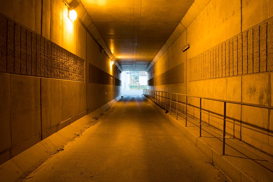 tunnel, yellow, concentration, architecture, building, wall - building feature, corridor, arcade, illuminated, direction