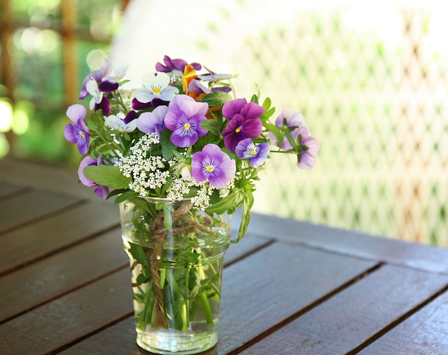 flower, pansy, vase, summer, garden, blooming violets, blue, flowering plant, table, plant
