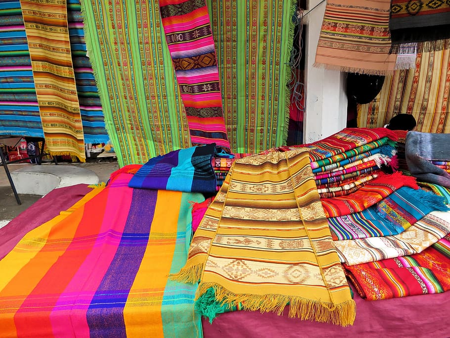 ecuador, otavalo, market, fabric, ethnic, traditional, crafts, color, multi colored, textile