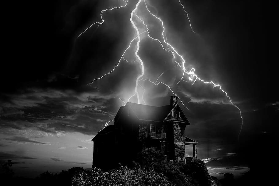lightning striking house, weather, flash, home, solitary, storm, thunderstorm, clouds, sky, dark