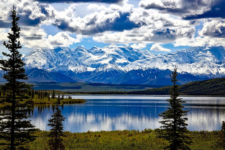 landscape photograph, lake, mountain ranges, denali national park, alaska, sky, clouds, mountains, snow, wonder lake