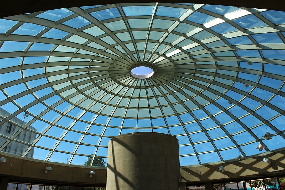 glass ceiling, dome, library, san diego state university, sdsu, low angle view, architecture, built structure, ceiling, pattern