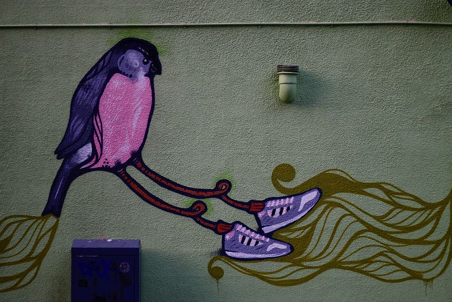wall, art, mural, painting, bird, shoe, wall - building feature, architecture, purple, built structure