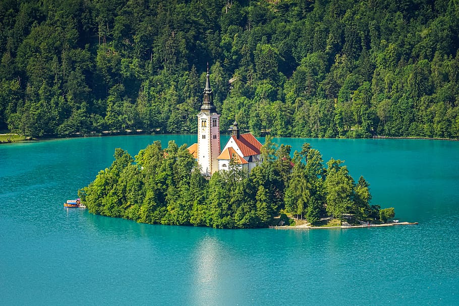 lake bled, slovenia, mountains, tree, water, plant, built structure, green color, beauty in nature, scenics - nature