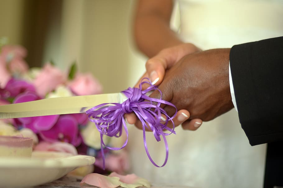 closeup, flower, hand, beautiful, color, flora, wedding, cutting cake, ribbon, celebration