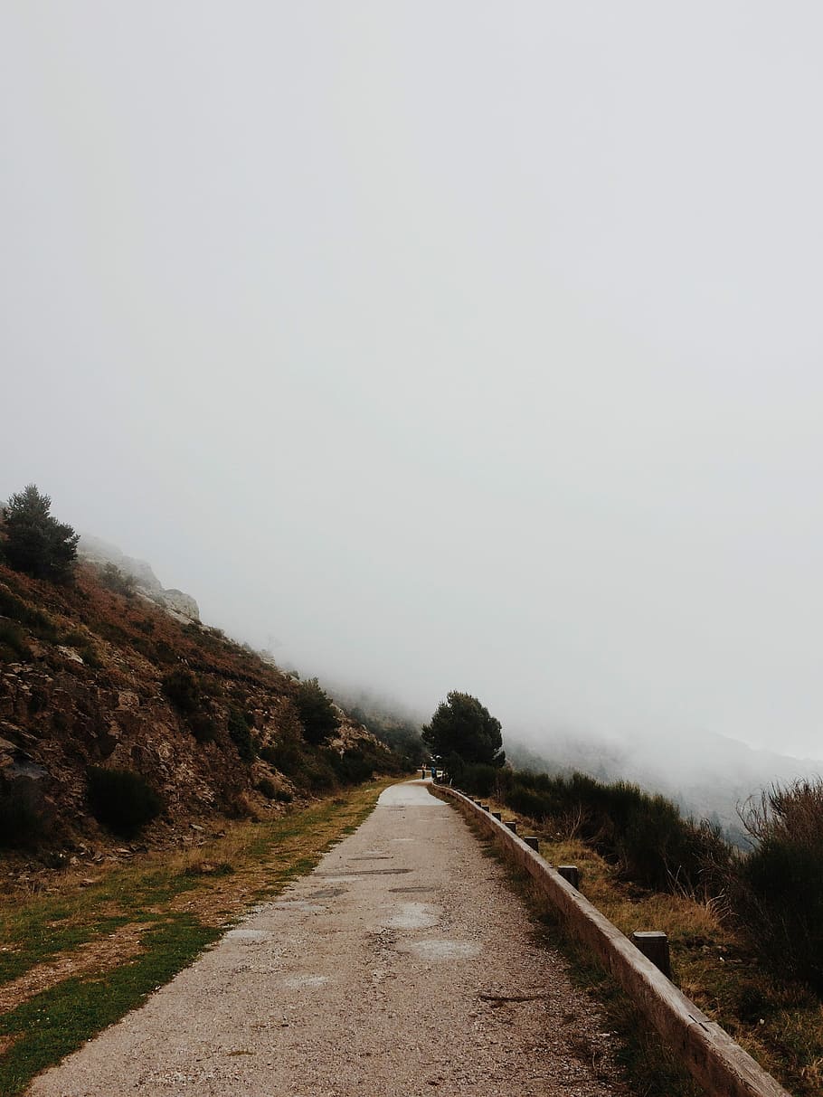 gray road, gray, road, brown, country, fog, grass, mountains, pink, roads