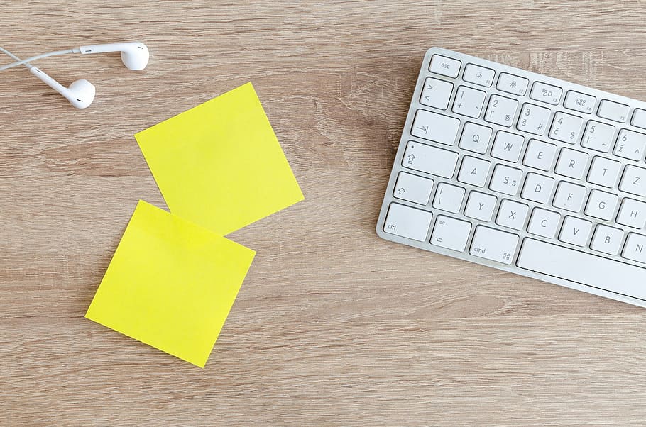 two, yellow, sticky, notes, apple, wireless, keyboard, lifestyle, office, desk