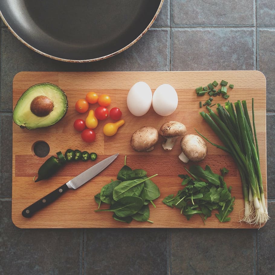 assorted, vegetables, pair, eggs, chopping, board, avocado, celery, chopping board, cooking