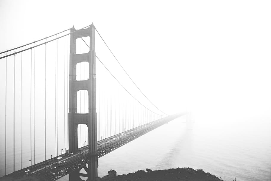 Golden Gate Bridge, San Francisco, architecture, fog, black and white, bridge, bridge - man made structure, built structure, connection, suspension bridge