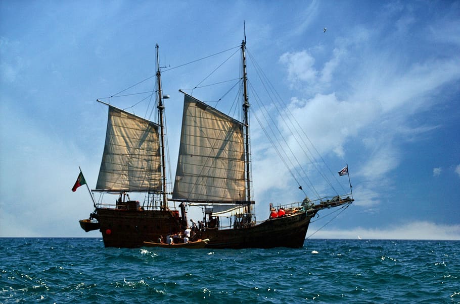 brown, beige, galleon ship, pirate ship, portugal, algarve, sea, wave, sky, ship